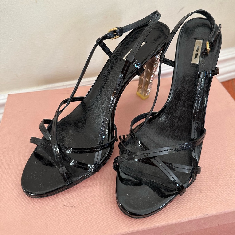 Miu Miu crystal heel black patent leather